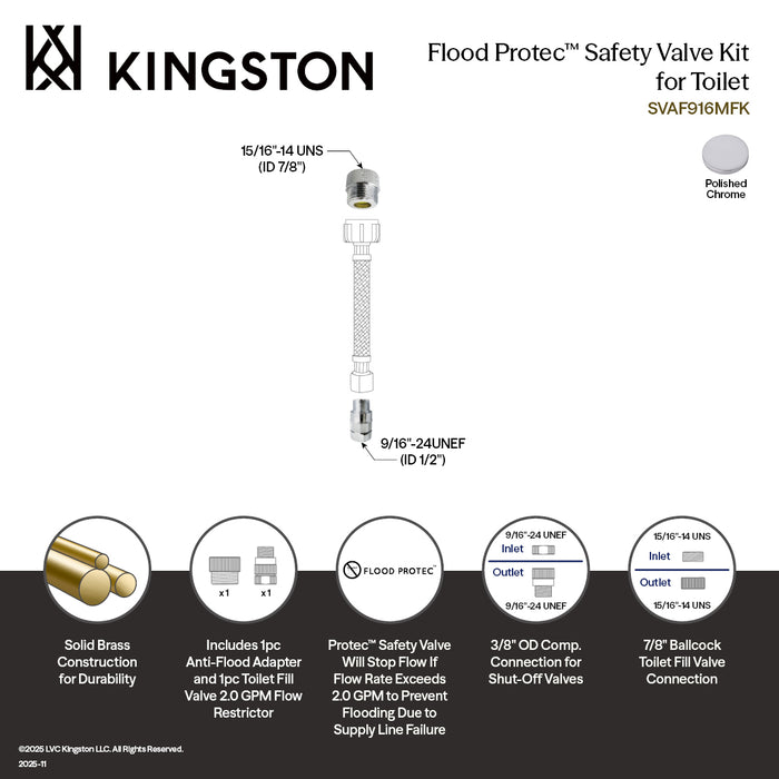 Kingston SVAF916MFK Flood Protec™ Safety Valve Kit for Toilet, Polished Chrome