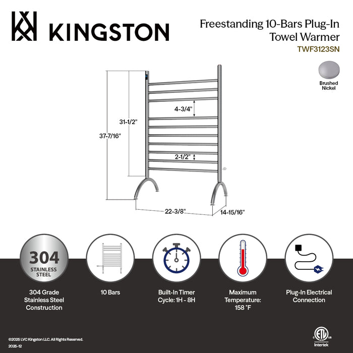 Kingston Sona TWF3123SN - Templeton Freestanding Plug-In Electric Towel Warmer, Brushed Nickel