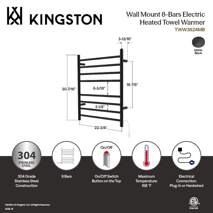 Kingston Sona TWW3624MB - Templeton Wall Mount Hardwired/Plug-In Electric Towel Warmer, Matte Black