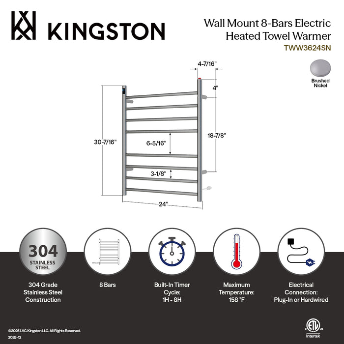 Kingston Sona TWW3624SN - Templeton Wall Mount Hardwired/Plug-In Electric Towel Warmer, Brushed Nickel