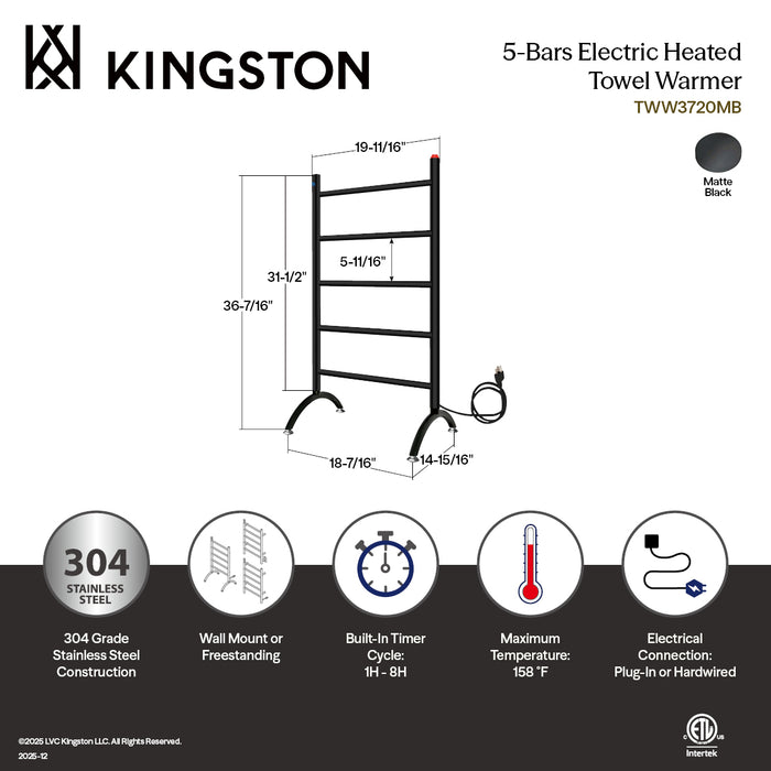 Kingston Sona TWW3720MB - Templeton Freestanding or Wall Mount Hardwired/Plug-In Electric Towel Warmer, Matte Black