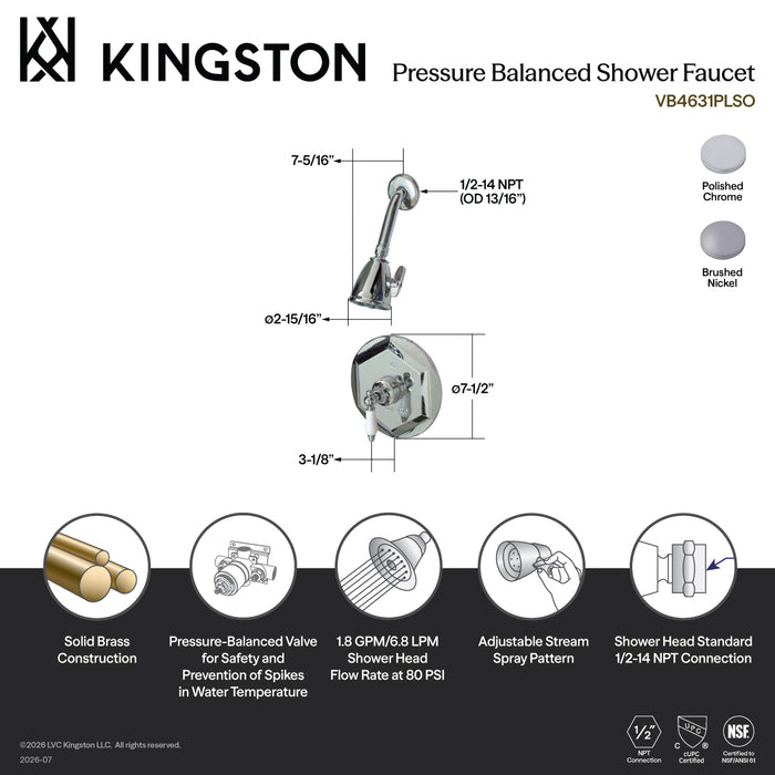 Kingston Tulare VB4638PLSO Single-Handle Pressure Balanced Shower Faucet, Brushed Nickel