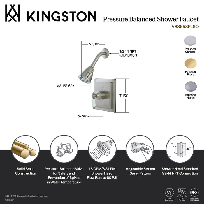 Kingston Tulare VB8658PLSO - Victorian Single-Handle Pressure Balanced Shower Faucet, Brushed Nickel