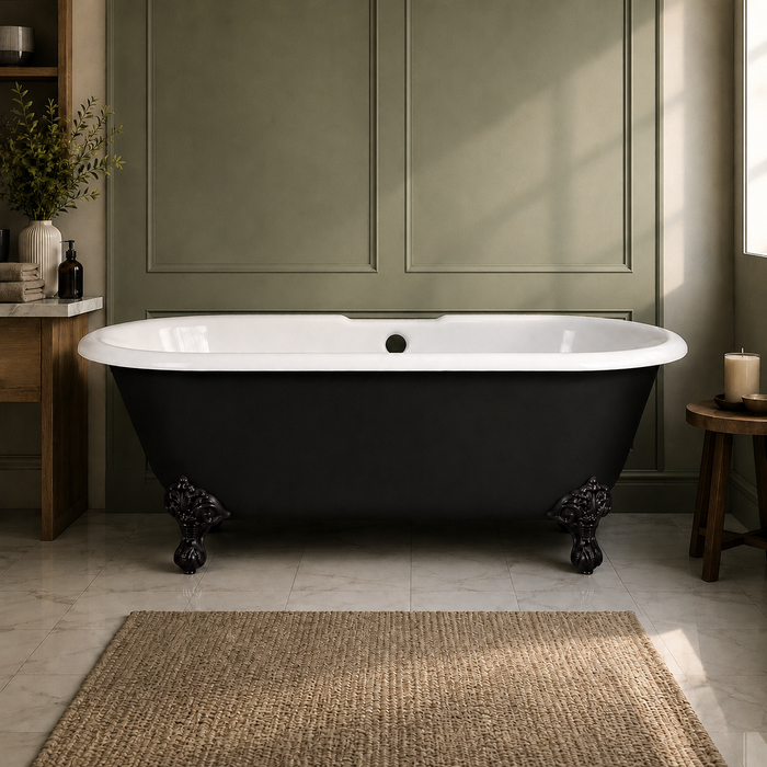 Kingston Heirloom VBT7D663013NB0 - Aqua Eden 66-Inch Cast Iron Oval Double Ended Clawfoot Tub (7-Inch Faucet Drillings), Black/White/Matte Black