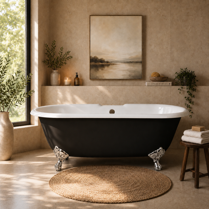Kingston Heirloom VBT7D663013NB1 - Aqua Eden 66-Inch Cast Iron Oval Double Ended Clawfoot Tub (7-Inch Faucet Drillings), Black/White/Polished Chrome