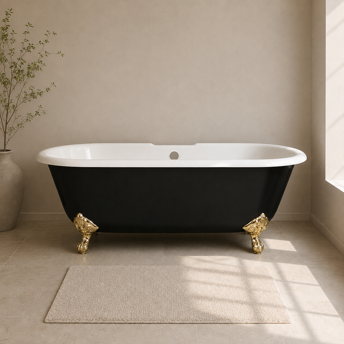 Kingston Heirloom VBT7D663013NB2 - Aqua Eden 66-Inch Cast Iron Oval Double Ended Clawfoot Tub (7-Inch Faucet Drillings), Black/White/Polished Brass