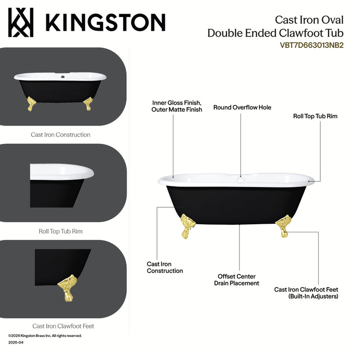Kingston Heirloom VBT7D663013NB2 - Aqua Eden 66-Inch Cast Iron Oval Double Ended Clawfoot Tub (7-Inch Faucet Drillings), Black/White/Polished Brass