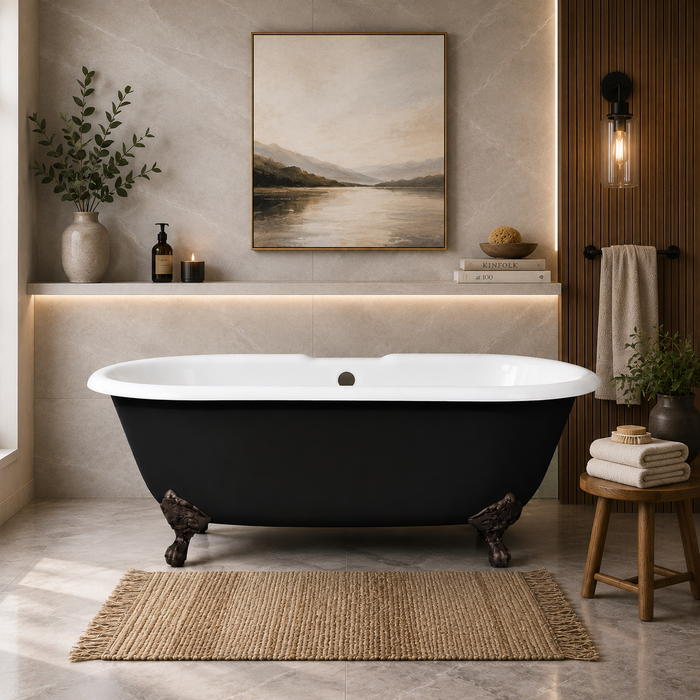 Kingston Heirloom VBT7D663013NB5 - Aqua Eden 66-Inch Cast Iron Oval Double Ended Clawfoot Tub (7-Inch Faucet Drillings), Black/White/Oil Rubbed Bronze