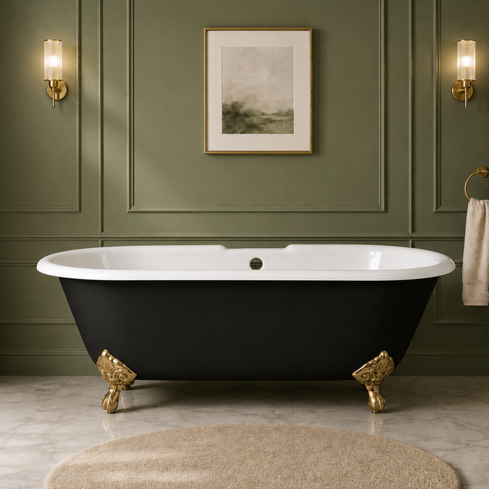 Kingston Heirloom VBT7D663013NB7 - Aqua Eden 66-Inch Cast Iron Oval Double Ended Clawfoot Tub (7-Inch Faucet Drillings), Black/White/Brushed Brass