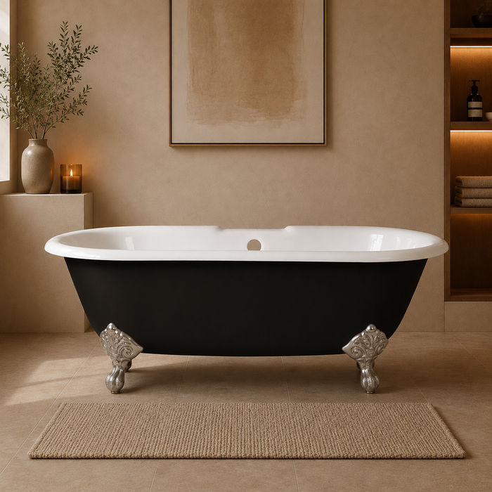 Kingston Heirloom VBT7D663013NB8 - Aqua Eden 66-Inch Cast Iron Oval Double Ended Clawfoot Tub (7-Inch Faucet Drillings), Black/White/Brushed Nickel