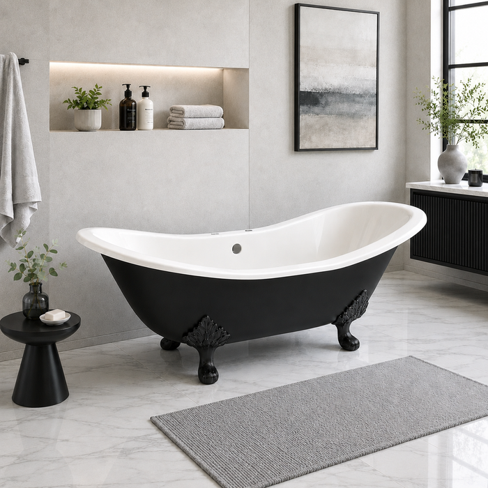 Kingston Heirloom VBT7D7231NC0 - Aqua Eden 72-Inch Cast Iron Oval Double Slipper Clawfoot Tub (7-Inch Faucet Drillings), White/Matte Black