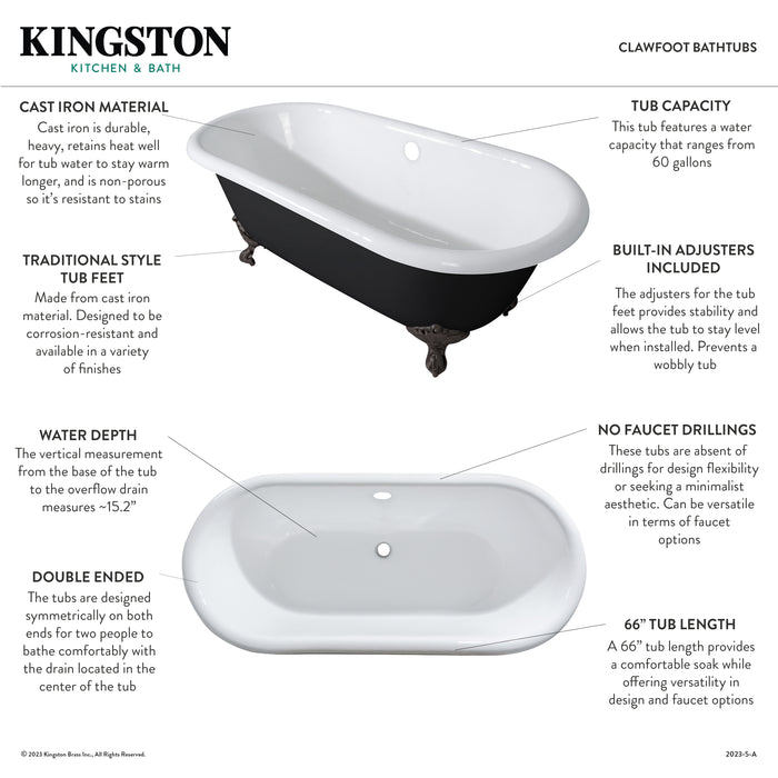 Aqua Eden VBTND663013NB0 66-Inch Cast Iron Oval Double Ended Clawfoot Tub (No Faucet Drillings), Black/White/Matte Black