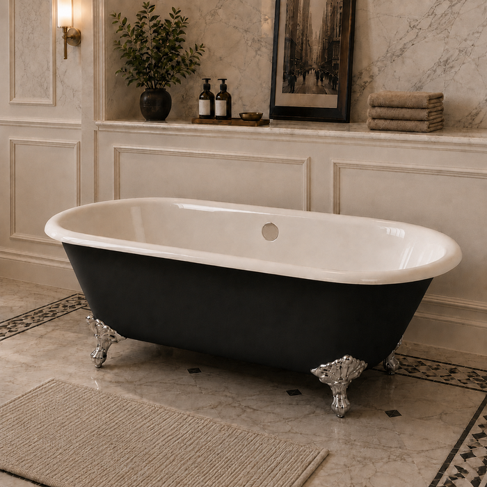 Kingston Heirloom VBTND663013NB1 - Aqua Eden 66-Inch Cast Iron Oval Double Ended Clawfoot Tub (No Faucet Drillings), Black/White/Polished Chrome
