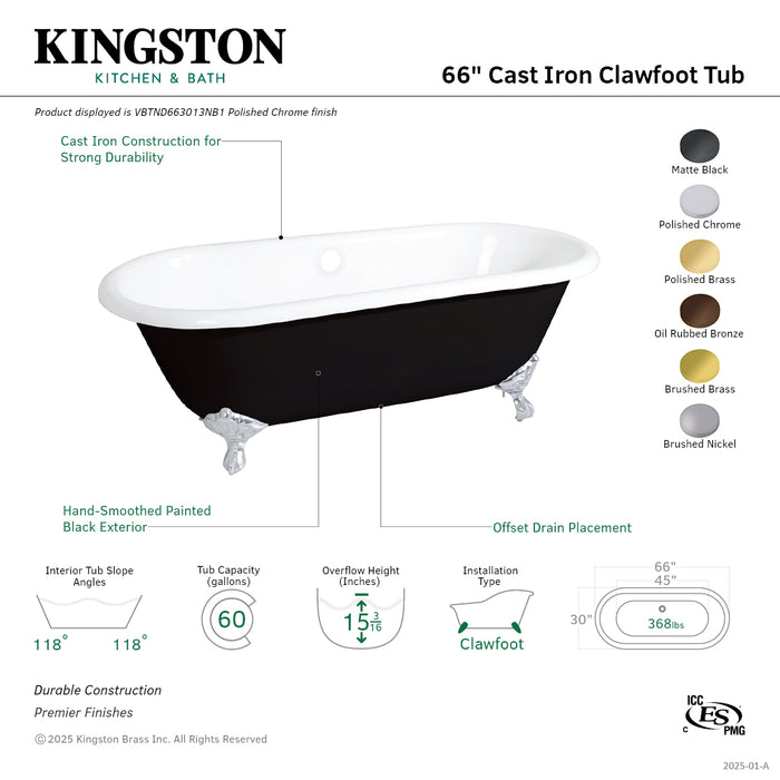 Kingston Heirloom VBTND663013NB1 - Aqua Eden 66-Inch Cast Iron Oval Double Ended Clawfoot Tub (No Faucet Drillings), Black/White/Polished Chrome