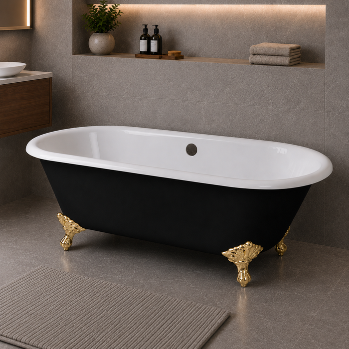Kingston Heirloom VBTND663013NB2 - Aqua Eden 66-Inch Cast Iron Oval Double Ended Clawfoot Tub (No Faucet Drillings), Black/White/Polished Brass
