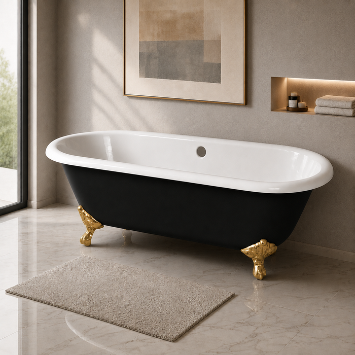 Kingston Heirloom VBTND663013NB7 - Aqua Eden 66-Inch Cast Iron Oval Double Ended Clawfoot Tub (No Faucet Drillings), Black/White/Brushed Brass