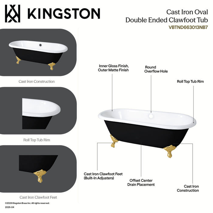 Kingston Heirloom VBTND663013NB7 - Aqua Eden 66-Inch Cast Iron Oval Double Ended Clawfoot Tub (No Faucet Drillings), Black/White/Brushed Brass