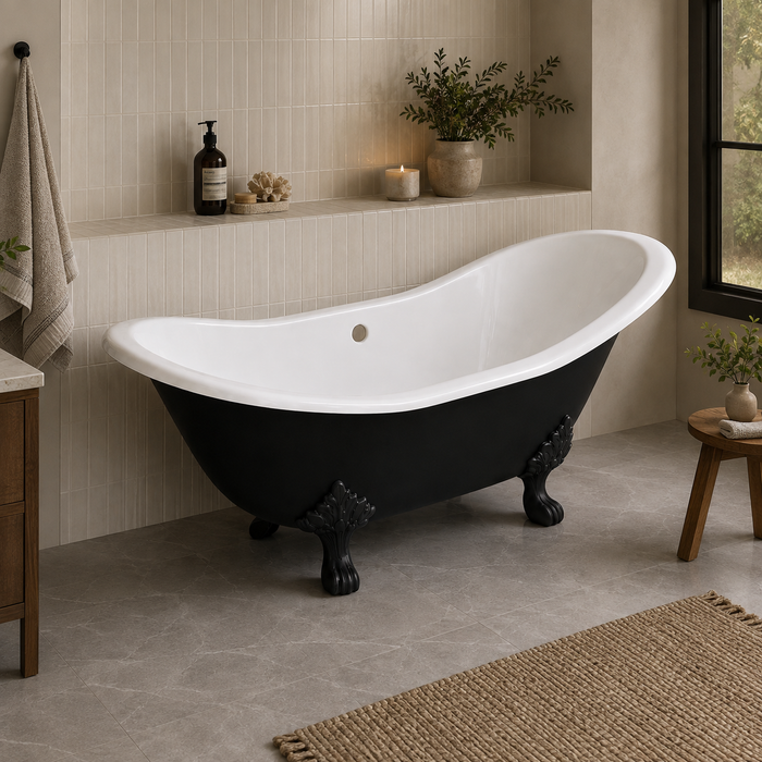 Kingston Heirloom VBTND7231NC0 - Aqua Eden 72-Inch Cast Iron Oval Double Slipper Clawfoot Tub (No Faucet Drillings), White/Matte Black