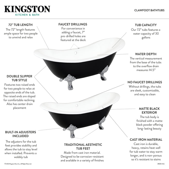 Aqua Eden VBTND7231NC0 72-Inch Cast Iron Oval Double Slipper Clawfoot Tub (No Faucet Drillings), White/Matte Black