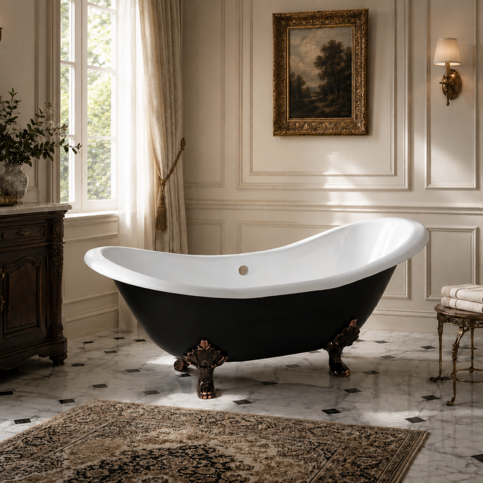 Kingston Heirloom VBTND7231NC5 - Aqua Eden 72-Inch Cast Iron Oval Double Slipper Clawfoot Tub (No Faucet Drillings), Black/White/Oil Rubbed Bronze