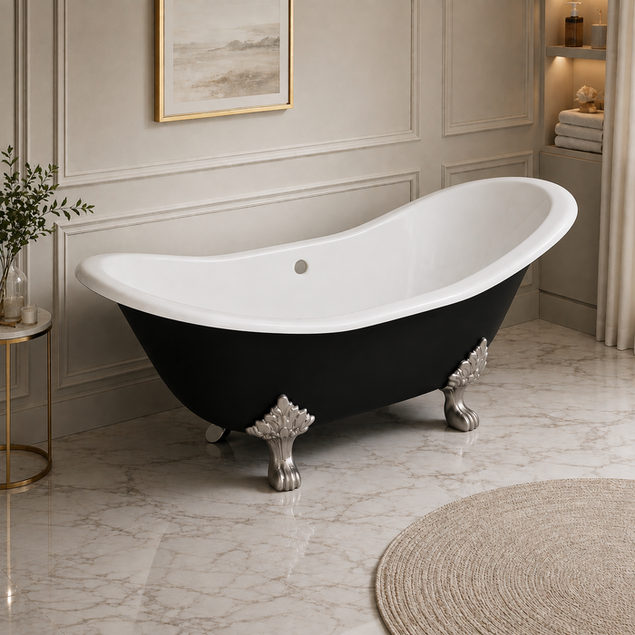 Kingston Heirloom VBTND7231NC8 - Aqua Eden 72-Inch Cast Iron Oval Double Slipper Clawfoot Tub (No Faucet Drillings), Black/White/Brushed Nickel