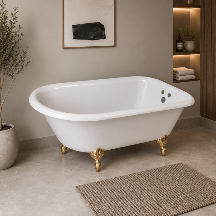 Kingston Heirloom VCT3D483018NT2 - Aqua Eden 48-Inch Cast Iron Classic Flat-Rim Roll Top Clawfoot Tub (3-3/8-Inch Wall Drillings), White/Polished Brass