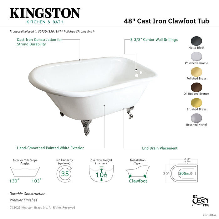 Kingston Heirloom VCT3D483018NT5 - Aqua Eden 48-Inch Cast Iron Classic Flat-Rim Roll Top Clawfoot Tub (3-3/8-Inch Wall Drillings), White/Oil Rubbed Bronze