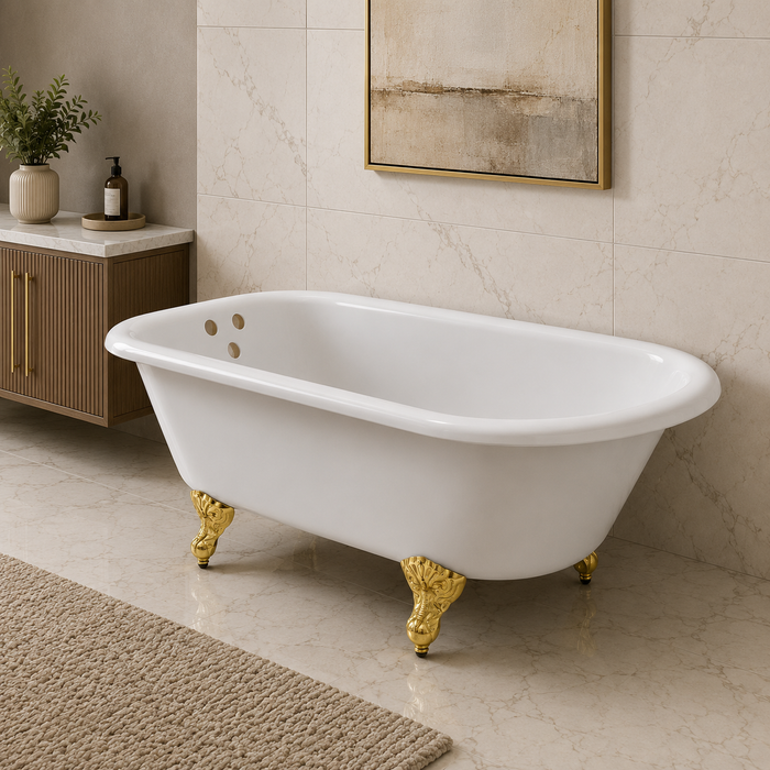 Kingston Heirloom VCT3D543019NT2 - Aqua Eden 54-Inch Cast Iron Oval Rectangular Roll Top Clawfoot Tub (3-3/8-Inch Wall Drillings), White/Polished Brass