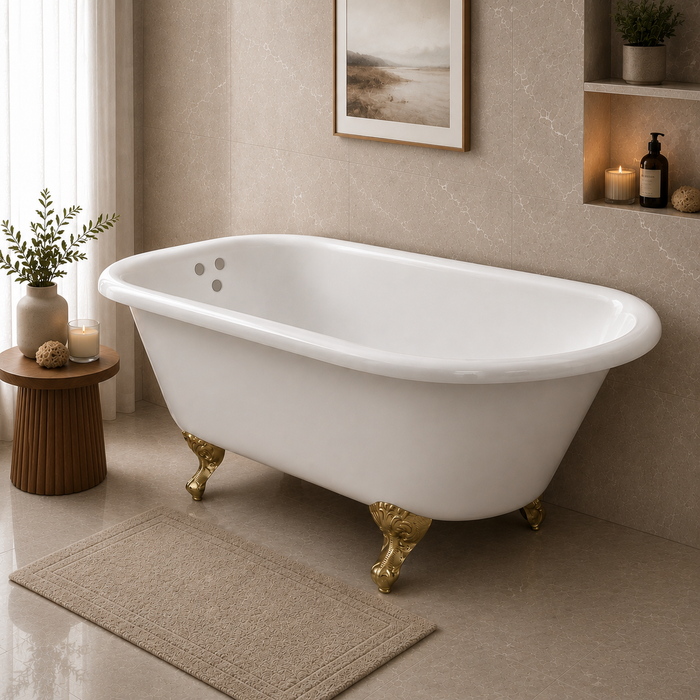 Kingston Heirloom VCT3D543019NT7 - Aqua Eden 54-Inch Cast Iron Oval Rectangular Roll Top Clawfoot Tub (3-3/8-Inch Wall Drillings), White/Brushed Brass