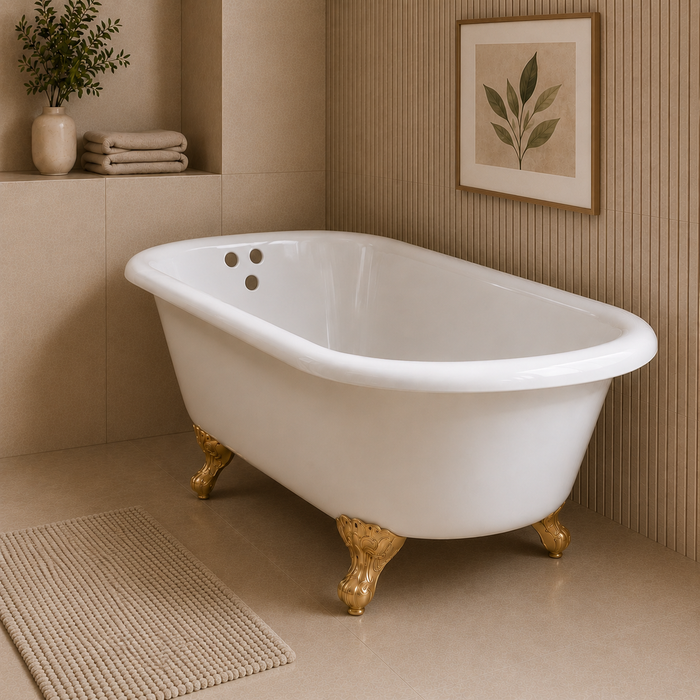 Kingston Heirloom VCT3D603019NT2 - Aqua Eden 60-Inch Cast Iron Oval Rectangular Roll Top Clawfoot Tub (3-3/8-Inch Wall Drillings), White/Polished Brass