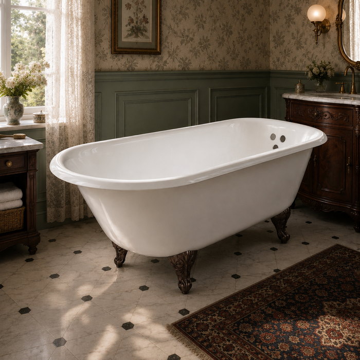 Kingston Heirloom VCT3D603019NT5 - Aqua Eden 60-Inch Cast Iron Oval Rectangular Roll Top Clawfoot Tub (3-3/8-Inch Wall Drillings), White/Oil Rubbed Bronze