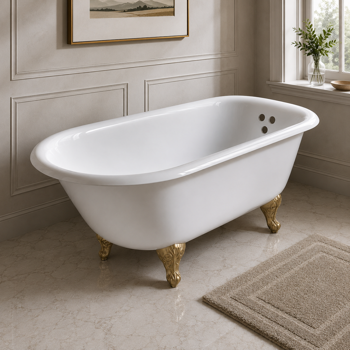 Kingston Heirloom VCT3D603019NT7 - Aqua Eden 60-Inch Cast Iron Oval Rectangular Roll Top Clawfoot Tub (3-3/8-Inch Wall Drillings), White/Brushed Brass