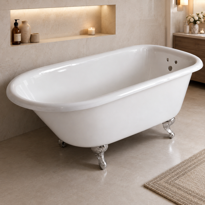 Kingston Heirloom VCT3D603019NT8 - Aqua Eden 60-Inch Cast Iron Oval Rectangular Roll Top Clawfoot Tub (3-3/8-Inch Wall Drillings), White/Brushed Nickel