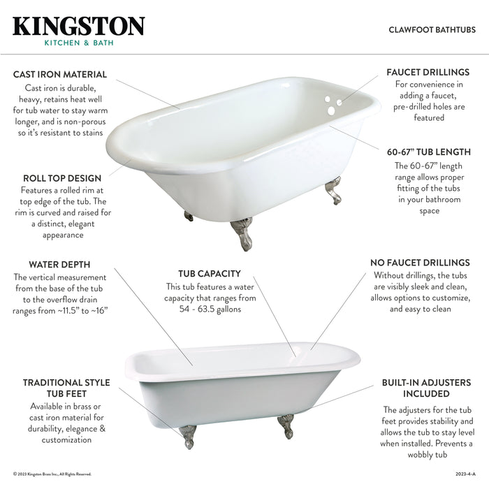 Kingston Heirloom VCT3D663019NT0 - Aqua Eden 66-Inch Cast Iron Oval Rectangular Roll Top Clawfoot Tub (3-3/8-Inch Wall Drillings), White/Matte Black