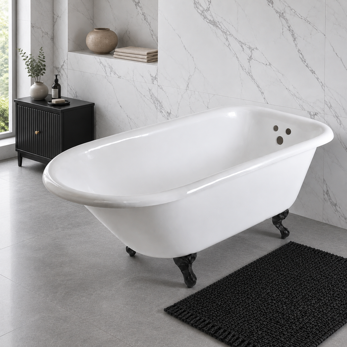 Kingston Heirloom VCT3D663019NT0 - Aqua Eden 66-Inch Cast Iron Oval Rectangular Roll Top Clawfoot Tub (3-3/8-Inch Wall Drillings), White/Matte Black
