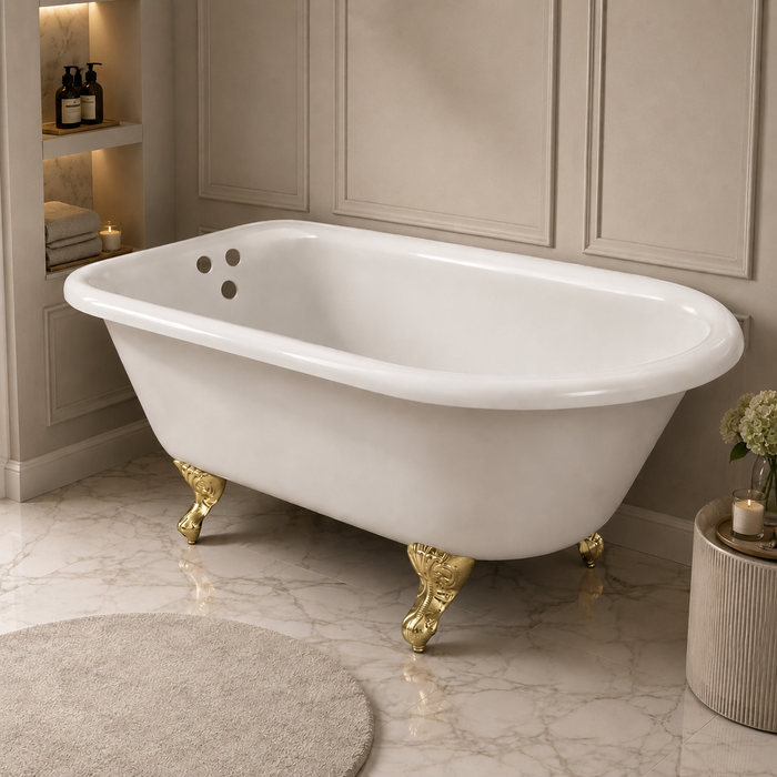 Kingston Heirloom VCT3D663019NT2 - Aqua Eden 66-Inch Cast Iron Oval Rectangular Roll Top Clawfoot Tub (3-3/8-Inch Wall Drillings), White/Polished Brass