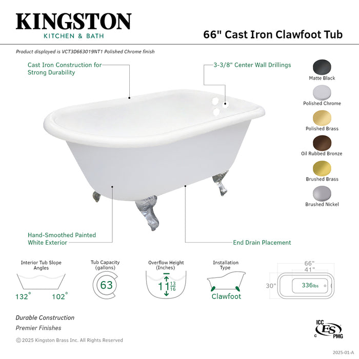 Kingston Heirloom VCT3D663019NT2 - Aqua Eden 66-Inch Cast Iron Oval Rectangular Roll Top Clawfoot Tub (3-3/8-Inch Wall Drillings), White/Polished Brass