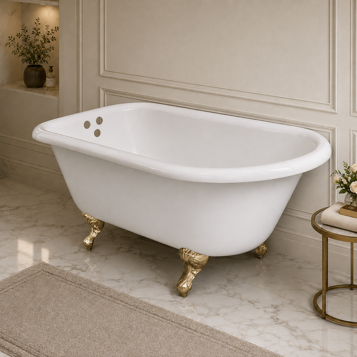 Kingston Heirloom VCT3D663019NT7 - Aqua Eden 66-Inch Cast Iron Oval Rectangular Roll Top Clawfoot Tub (3-3/8-Inch Wall Drillings), White/Brushed Brass