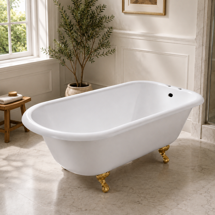 Kingston Heirloom VCT7D483117W7 - Aqua Eden 48-Inch Cast Iron Classic Flat-Rim Roll Top Clawfoot Tub (7-Inch Faucet Drillings), White/Brushed Brass