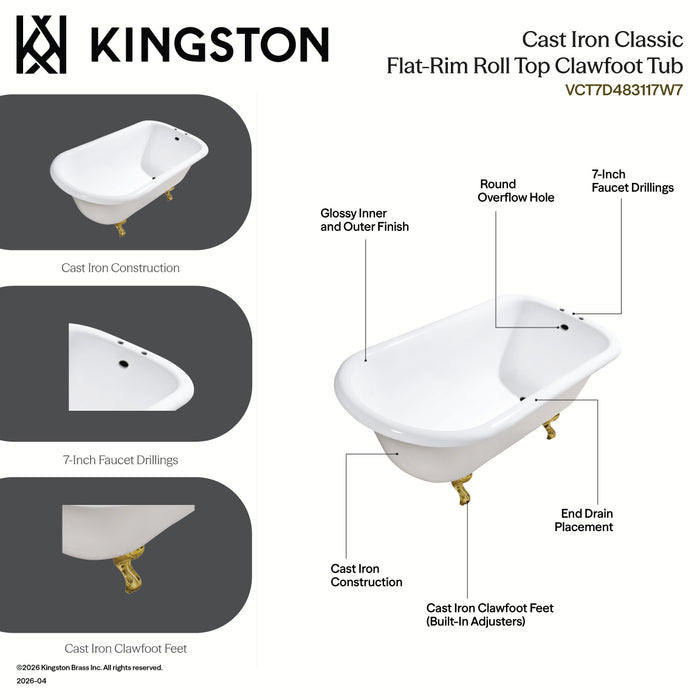 Kingston Heirloom VCT7D483117W7 - Aqua Eden 48-Inch Cast Iron Classic Flat-Rim Roll Top Clawfoot Tub (7-Inch Faucet Drillings), White/Brushed Brass
