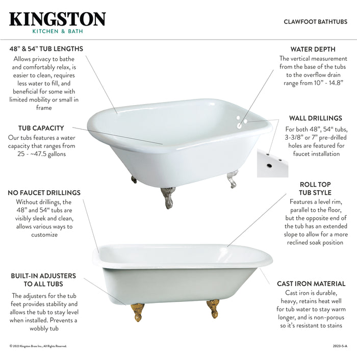 Kingston Heirloom VCT7D483117W7 - Aqua Eden 48-Inch Cast Iron Classic Flat-Rim Roll Top Clawfoot Tub (7-Inch Faucet Drillings), White/Brushed Brass
