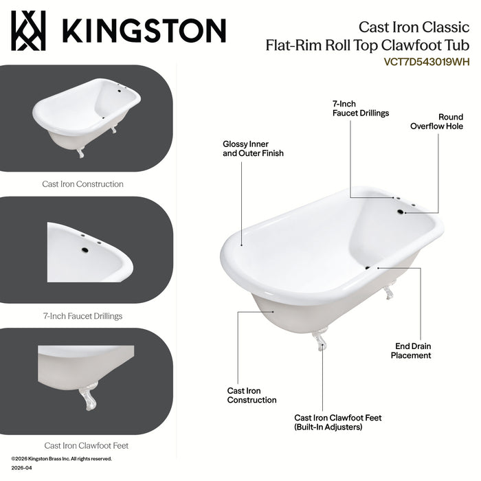 Kingston Heirloom VCT7D543019W0 - Aqua Eden 54-Inch Cast Iron Classic Flat-Rim Roll Top Clawfoot Tub (7-Inch Faucet Drillings), White/Matte Black