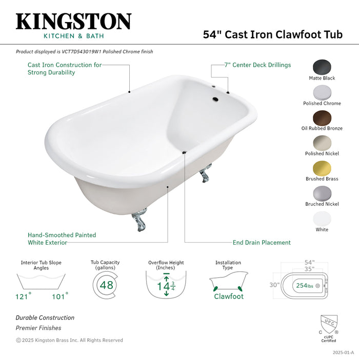 Kingston Heirloom VCT7D543019W0 - Aqua Eden 54-Inch Cast Iron Classic Flat-Rim Roll Top Clawfoot Tub (7-Inch Faucet Drillings), White/Matte Black