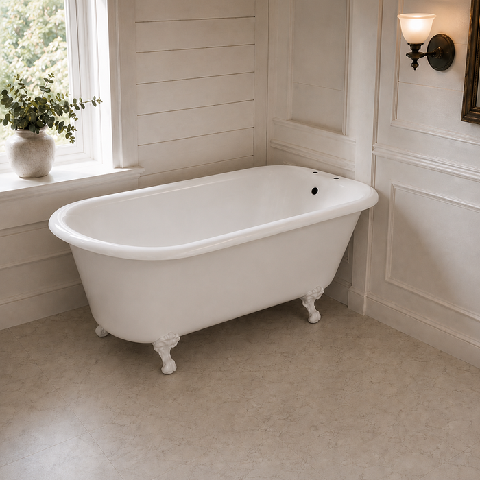Kingston Heirloom VCT7D543019WH - Aqua Eden 54-Inch Cast Iron Classic Flat-Rim Roll Top Clawfoot Tub (7-Inch Faucet Drillings), White
