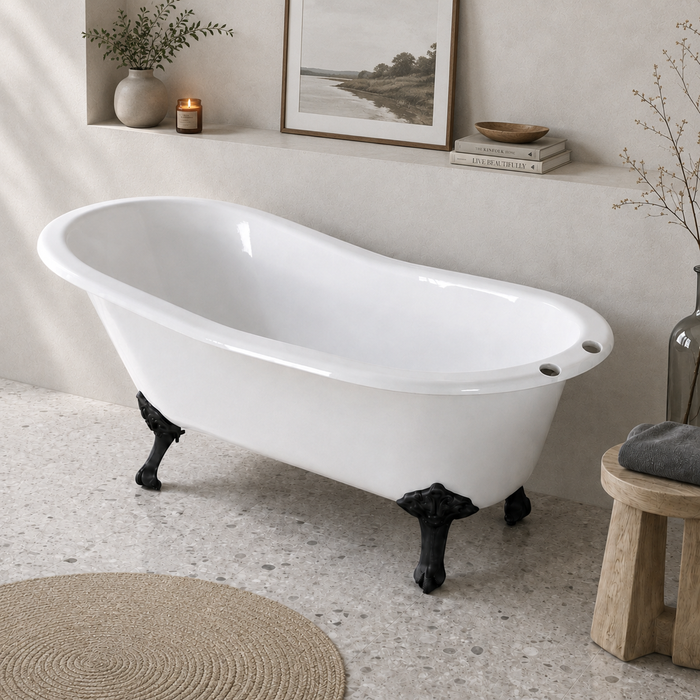 Kingston Heirloom VCT7D5431B0 - Tazatina 54-Inch Cast Iron Oval Single Slipper Clawfoot Tub (7-Inch Faucet Drillings), White/Matte Black