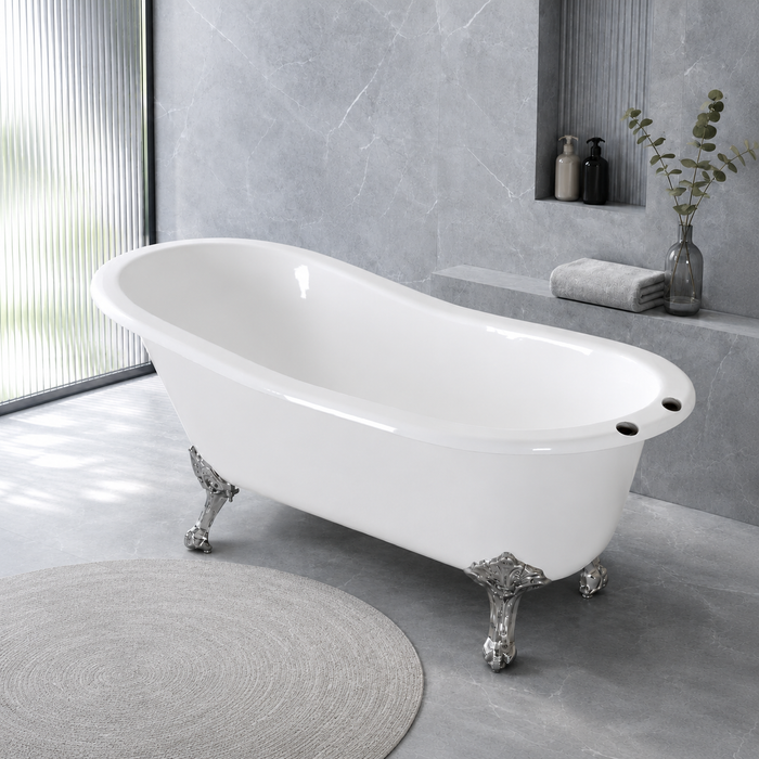 Kingston Heirloom VCT7D5431B1 - Tazatina 54-Inch Cast Iron Oval Single Slipper Clawfoot Tub (7-Inch Faucet Drillings), White/Polished Chrome