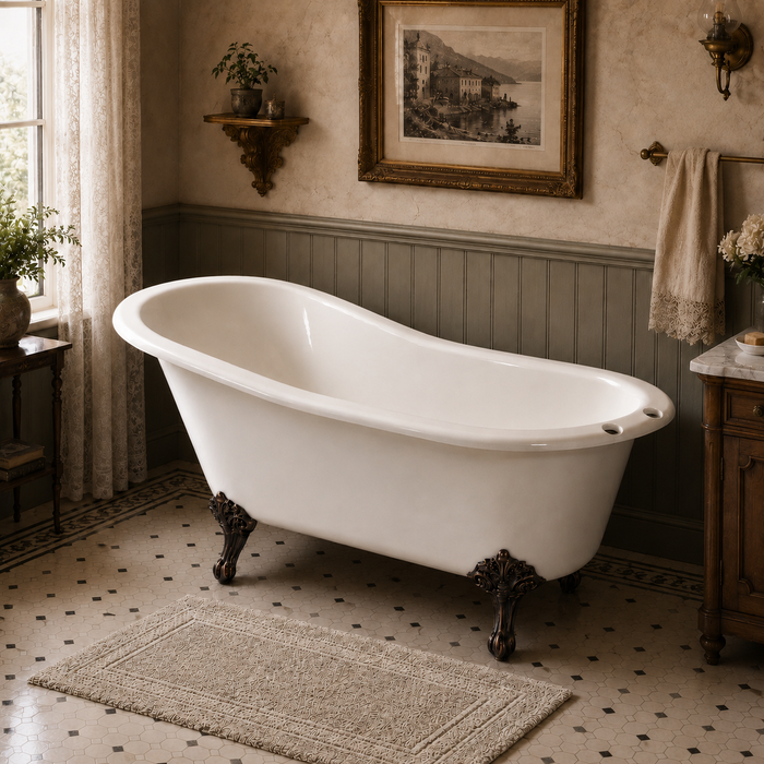 Kingston Heirloom VCT7D5431B5 - Tazatina 54-Inch Cast Iron Oval Single Slipper Clawfoot Tub (7-Inch Faucet Drillings), White/Oil Rubbed Bronze