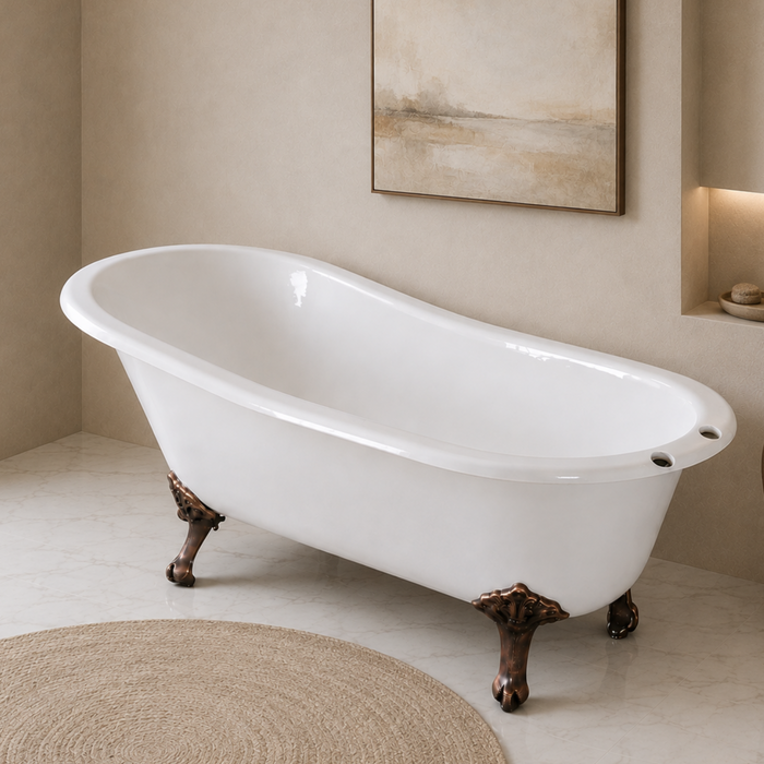 Kingston Heirloom VCT7D5431B6 - Tazatina 54-Inch Cast Iron Oval Single Slipper Clawfoot Tub (7-Inch Faucet Drillings), White/Naples Bronze