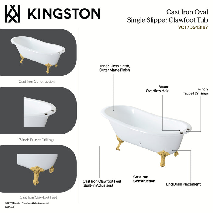 Kingston Heirloom VCT7D5431B7 - Tazatina 54-Inch Cast Iron Oval Single Slipper Clawfoot Tub (7-Inch Faucet Drillings), White/Brushed Brass