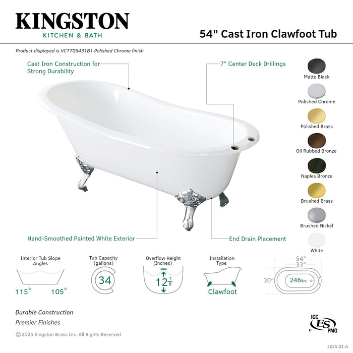 Kingston Heirloom VCT7D5431B8 - Tazatina 54-Inch Cast Iron Oval Single Slipper Clawfoot Tub (7-Inch Faucet Drillings), White/Brushed Nickel